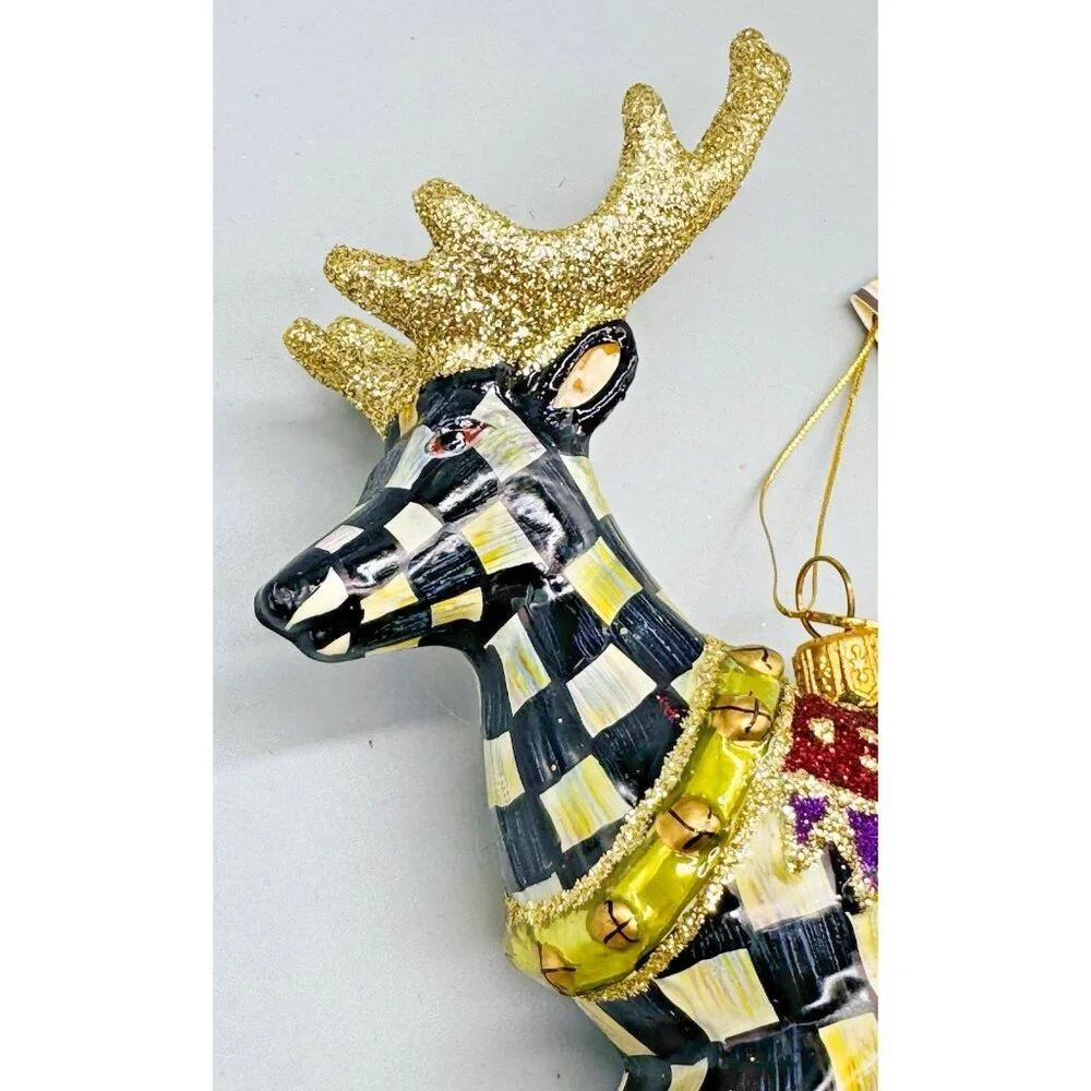 Mackenzie‎ Childs Prancer Reindeer Glass Christmas Ornament Courtly Checks Box